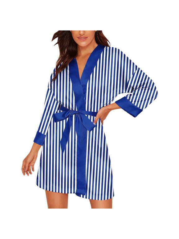Women's Striped Silky Satin Bathrobe, Loose Fit Long Sleeve Wrap Robe Smooth Luxury Fabric Casual Bedroom Sleep Lingerie Blue S