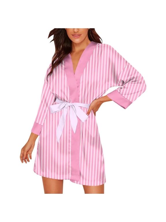 Women's Striped Silky Satin Bathrobe, Loose Fit Long Sleeve Wrap Robe Smooth Luxury Fabric Casual Bedroom Sleep Lingerie Pink L