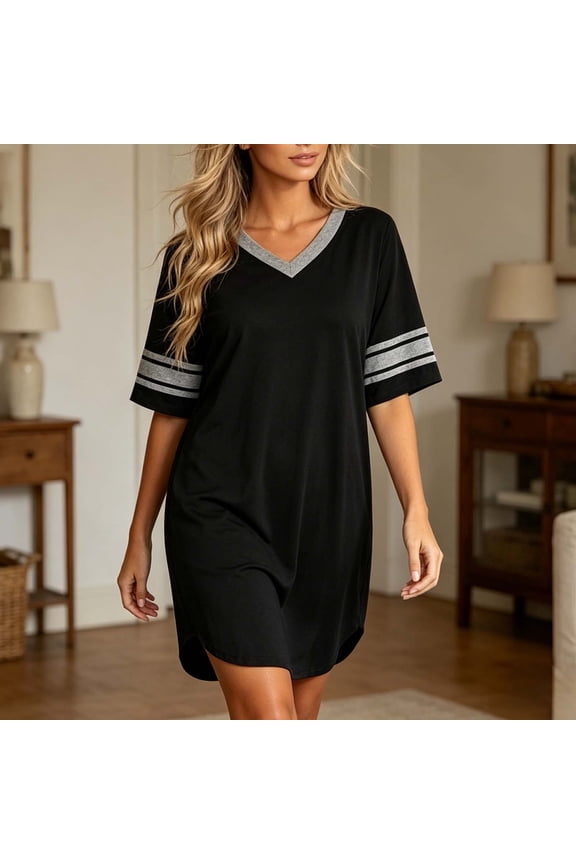 Women's Striped Sleeve Nightshirt Soft Stretchy V Neck Color Block Pull on Casual Sleep Dress for Vacation Loungewear Black S