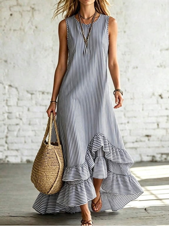 Women's Striped Sleeveless Maxi Dress, Asymmetrical Tiered Ruffle Hem, Flowy Loose Fit Boho Beach Vacation Resort Wear for Women