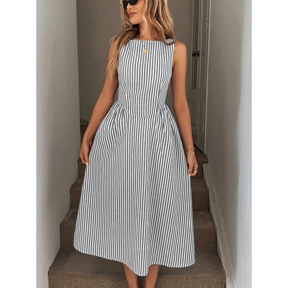 Women's Striped Sleeveless Maxi Dress, Relaxed A-Line Casual Style with Convenient Pockets