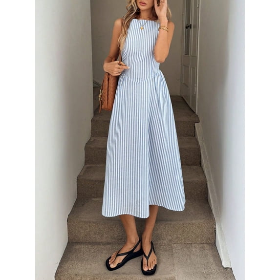 Women's Striped Sleeveless Maxi Dress, Relaxed A-Line Casual Style with Convenient Pockets