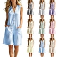 thumbnail image 1 of Women's Striped Sleeveless Romper V-Neck Button-Down Loose-Fit Casual Summer Jumpsuit with Pockets Blue XL(XL), 1 of 7