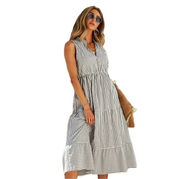 Women's Striped Sleeveless Tiered Midi Dress Buttoned 100% Polyester Fabric Perfect for Daytime Outings and Everyday