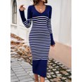 thumbnail image 1 of Women's Striped Slim Fitted V Neck Long Sweater Dress Fall Long Sleeve Ribbed Knit Bodycon Dress, 1 of 5