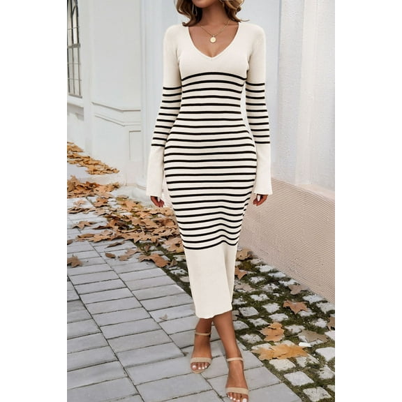 Women's Striped Slim Fitted V Neck Long Sweater Dress Fall Long Sleeve Ribbed Knit Bodycon Dress