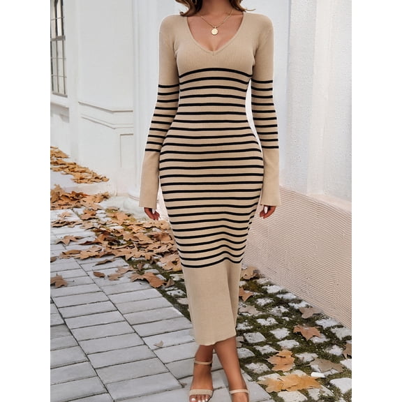 Women's Striped Slim Fitted V Neck Long Sweater Dress Fall Long Sleeve Ribbed Knit Bodycon Dress