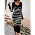thumbnail image 1 of Women's Striped Slim Fitted V Neck Long Sweater Dress Fall Long Sleeve Ribbed Knit Bodycon Dress, 1 of 5
