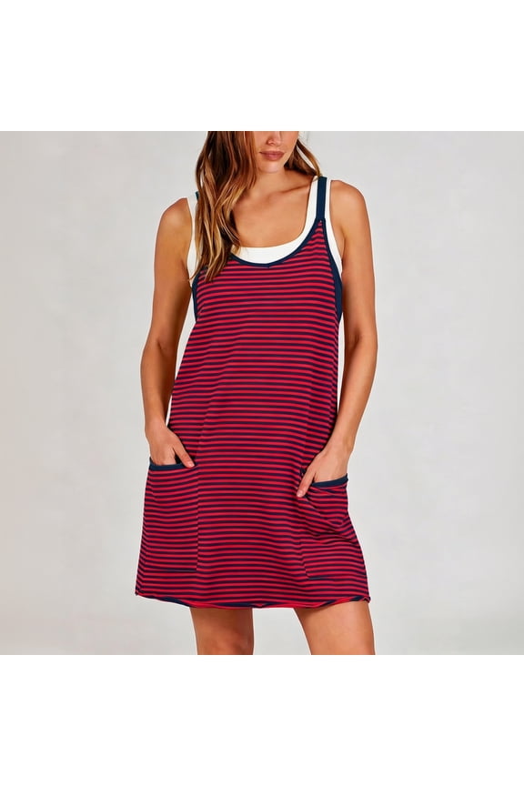 Women's Striped Spaghetti Strap Athletic Romper, 2-in-1 Sleeveless Mini Dress with Built-in Shorts, Casual Tank Rompers for Women with Pockets for Workout Daily Wear 09-Wine XL