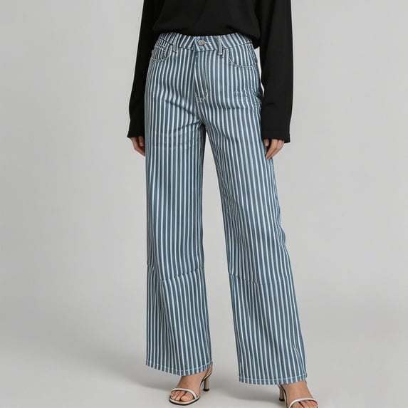 Women's Striped Straight Leg Jeans, Button & Zipper Closure With Pockets, Fashion Denim Long Pants For Streetwear Blue M