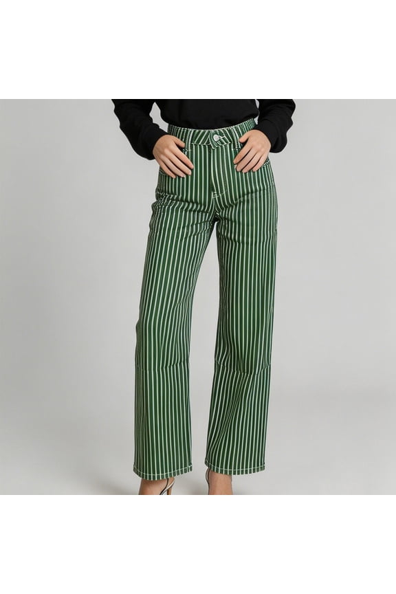 Women's Striped Straight Leg Jeans, Button & Zipper Closure With Pockets, Fashion Denim Long Pants For Streetwear Green M