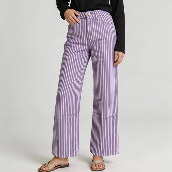 Women's Striped Straight Leg Jeans, Button & Zipper Closure With Pockets, Fashion Denim Long Pants For Streetwear Purple S