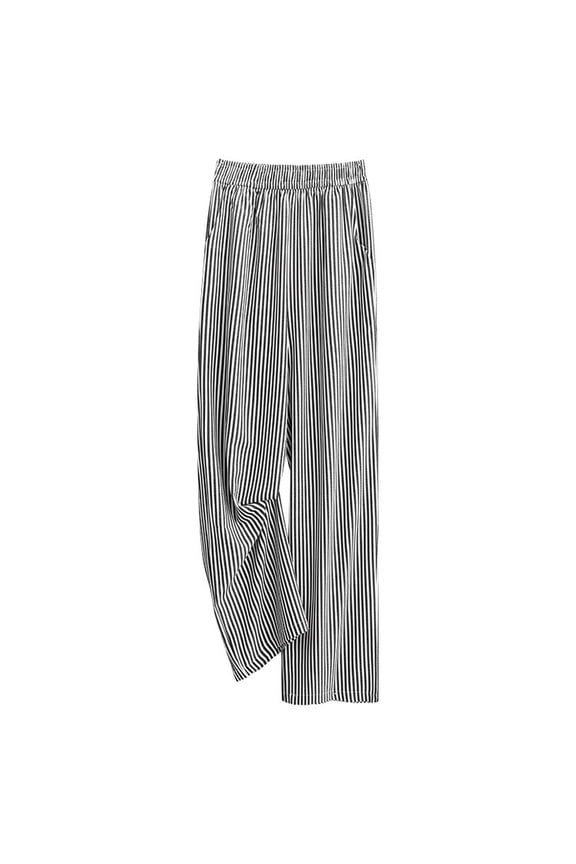 Women's Striped Straight Leg Wide Leg Pants Trousers Slacks Casual Daily Office Work Wear Solid Color Stretchy Soft Breathable Lounge Home Travel Commuting Essentials | Aestivo,Black L
