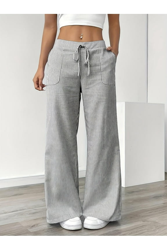 Plus Size Linen Striped Pants for Women Drawstring Long Pants Slim Trousers with Pockets