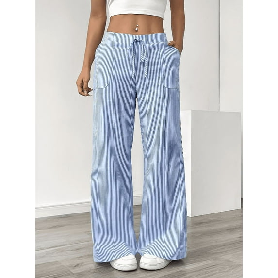 Plus Size Linen Striped Pants for Women Drawstring Long Pants Slim Trousers with Pockets