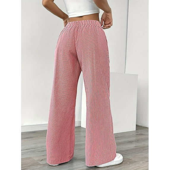 Plus Size Linen Striped Pants for Women Drawstring Long Pants Slim Trousers with Pockets