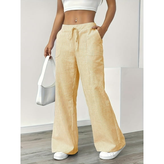 Plus Size Linen Striped Pants for Women Drawstring Long Pants Slim Trousers with Pockets