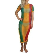 Womens Striped Stretch Rasta Maxi Dress - Cover Up - Cotton String Mesh - Fishnet - Side Splits