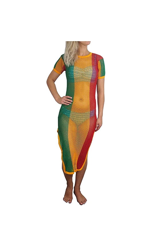 Women's Striped Stretch Rasta Maxi Dress - Cover Up - Cotton String Mesh - Fishnet - Side Splits