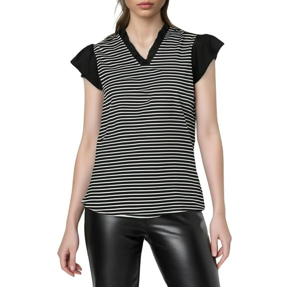 Women's Striped Summer Pleated Fashion Casual V Neck Short Sleeve Loose Top Stylish V Neck, Comfortable Fabric, Versatile for Occasions
