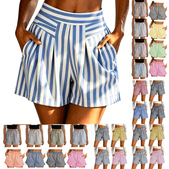Women's Striped Summer Shorts With Pockets, Mid Waisted Loose Fit Pleated Casual Beach Shorts, Soft Stretchy Polyester Spandex Drawstring Elastic | TruHer,Army Green L
