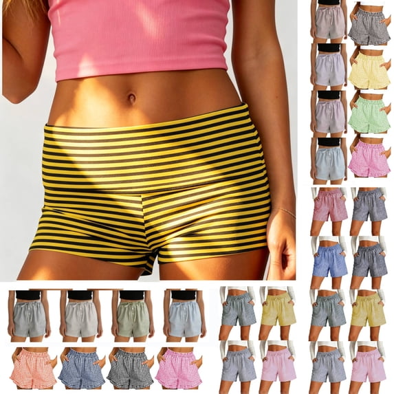 Women's Striped Summer Shorts With Pockets, Mid Waisted Loose Fit Pleated Casual Beach Shorts, Soft Stretchy Polyester Spandex Drawstring | TruHer,Pink M
