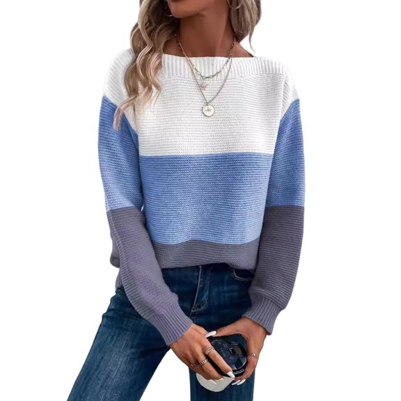 Women's Striped Sweater Boat Neck Knitted Sweater Casual Long Sleeve Pullover Fashion Sweater Top