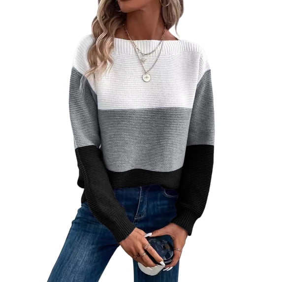 Women's Striped Sweater Boat Neck Knitted Sweater Casual Long Sleeve Pullover Fashion Sweater Top