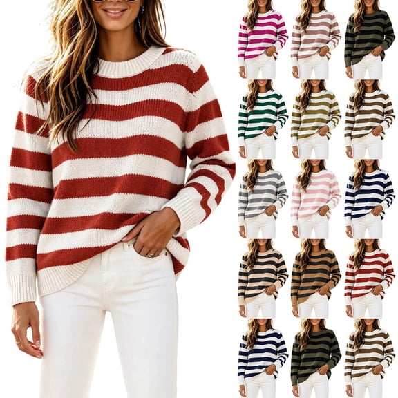 Women's Striped Sweater Crew Neck Long Sleeve Loose Fit Casual Pullover Top