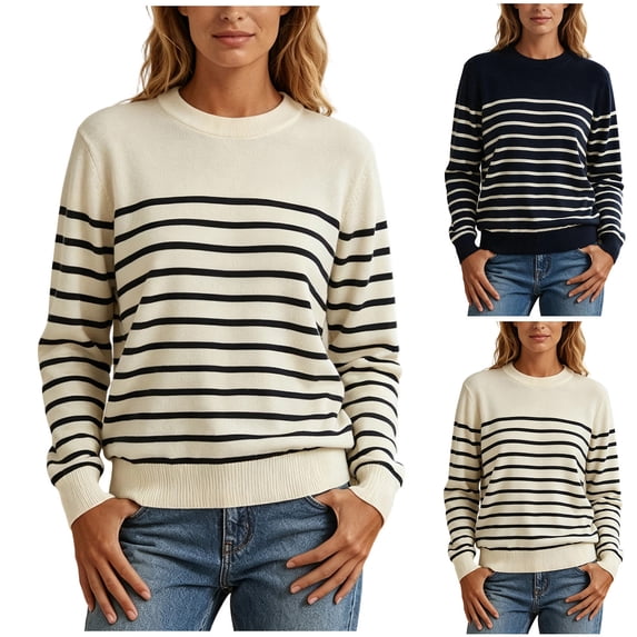 Women's Striped Sweater Crew Neck Long Sleeve Loose Fit Casual Pullover Top