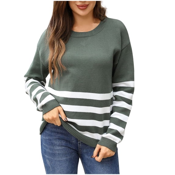 Women's Striped Sweater Crewneck Long Sleeve Ribbed Knit Pullover Top Olive Green L