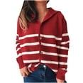 thumbnail image 1 of Women's Striped Sweater Lapel Collared Button Down Front Long Sleeve Knit Cardigan Top Red L, 1 of 5