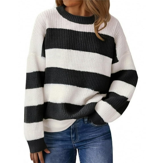 Women's Striped Sweater, Loose And Laid-back, Long-sleeved Pullover, Round-neck Knitted Top for Comfortable and Chic Everyday Outfits,Black,L