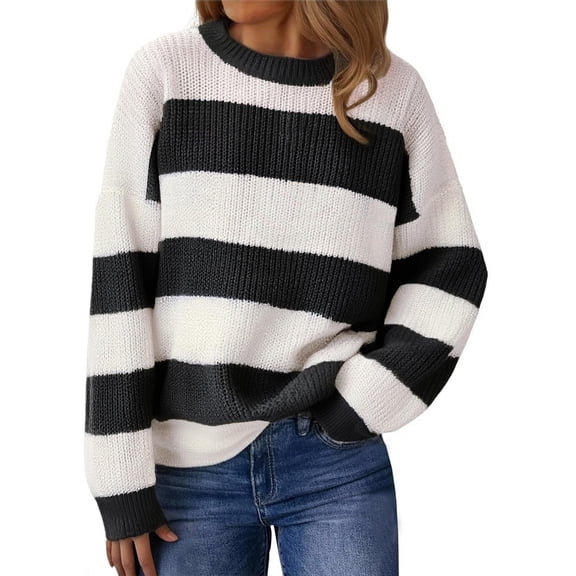 Women's Striped Sweater, Loose And Laid-back, Long-sleeved Pullover, Round-neck Knitted Top for Comfortable and Chic Everyday Outfits,Black,L