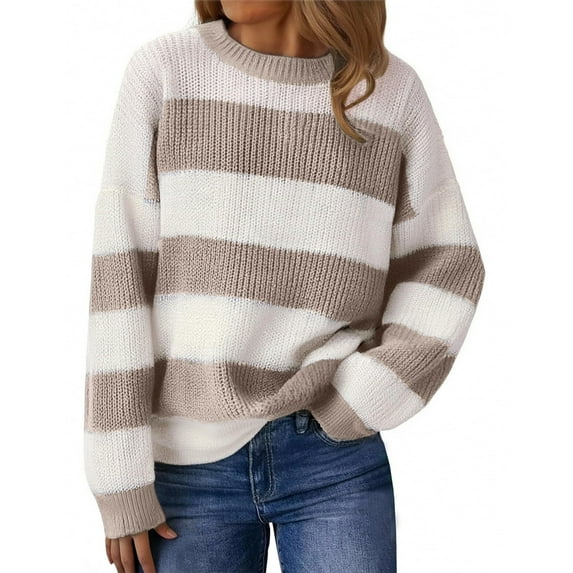 Women's Striped Sweater, Loose And Laid-back, Long-sleeved Pullover, Round-neck Knitted Top for Comfortable and Chic Everyday Outfits,Coffee,S