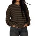 thumbnail image 1 of Women's Striped Sweater Waffle Knit Tops for Women Long Sleeve Shirts Light Weight Fall Tops Brown XXL, 1 of 9