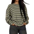 thumbnail image 1 of Women's Striped Sweater Waffle Knit Tops for Women Long Sleeve Shirts Light Weight Fall Tops Green S, 1 of 8