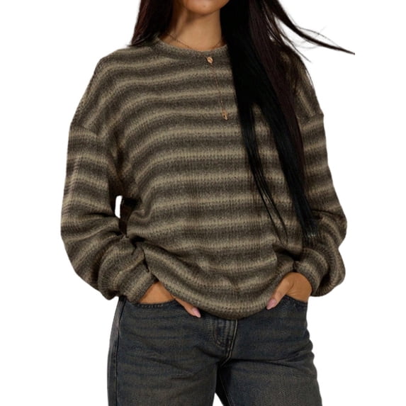 Women's Striped Sweater Waffle Knit Tops for Women Long Sleeve Shirts Light Weight Fall Tops Khaki XXL