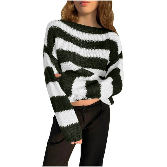 Women's Striped Sweaters Oversized Crew Neck Trendy Long Sleeve Pullover Tops for Fall & Casual Lounge Olive Green M