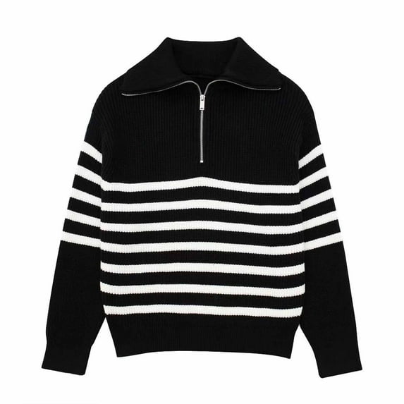 Women's Striped Sweaters Quarter Zip Pullover Sweater Mock Neck Knit 2026 Fall Fashion Clothes Casual Sweater Tops (L, Black)