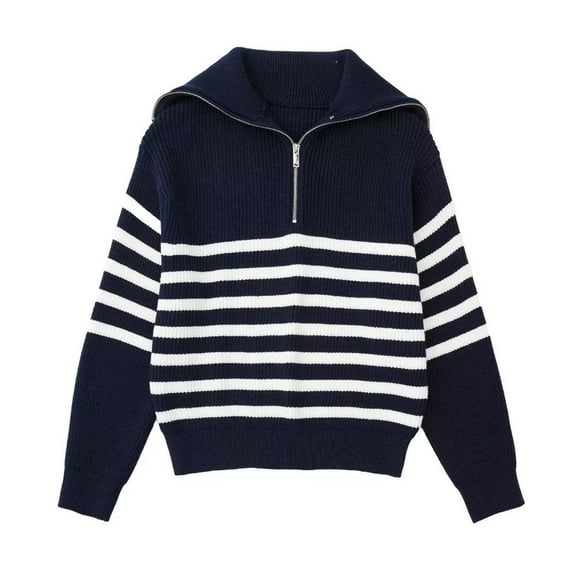 Women's Striped Sweaters Quarter Zip Pullover Sweater Mock Neck Knit 2025 Fall Fashion Clothes Casual Sweater Tops (L, Navy)