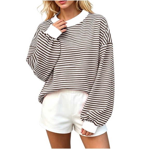 Women's Striped Sweatshirt Long Sleeve Crewneck Casual Oversized Pullover Relaxed Fit Fall Top