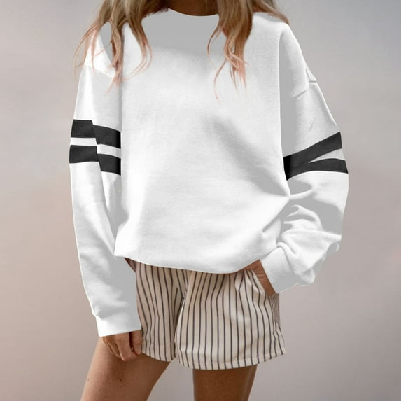 Women's Striped Sweatshirt Oversized Fall Crewneck Long Sleeve Shirts Casual Color Block Pullover Tops White L