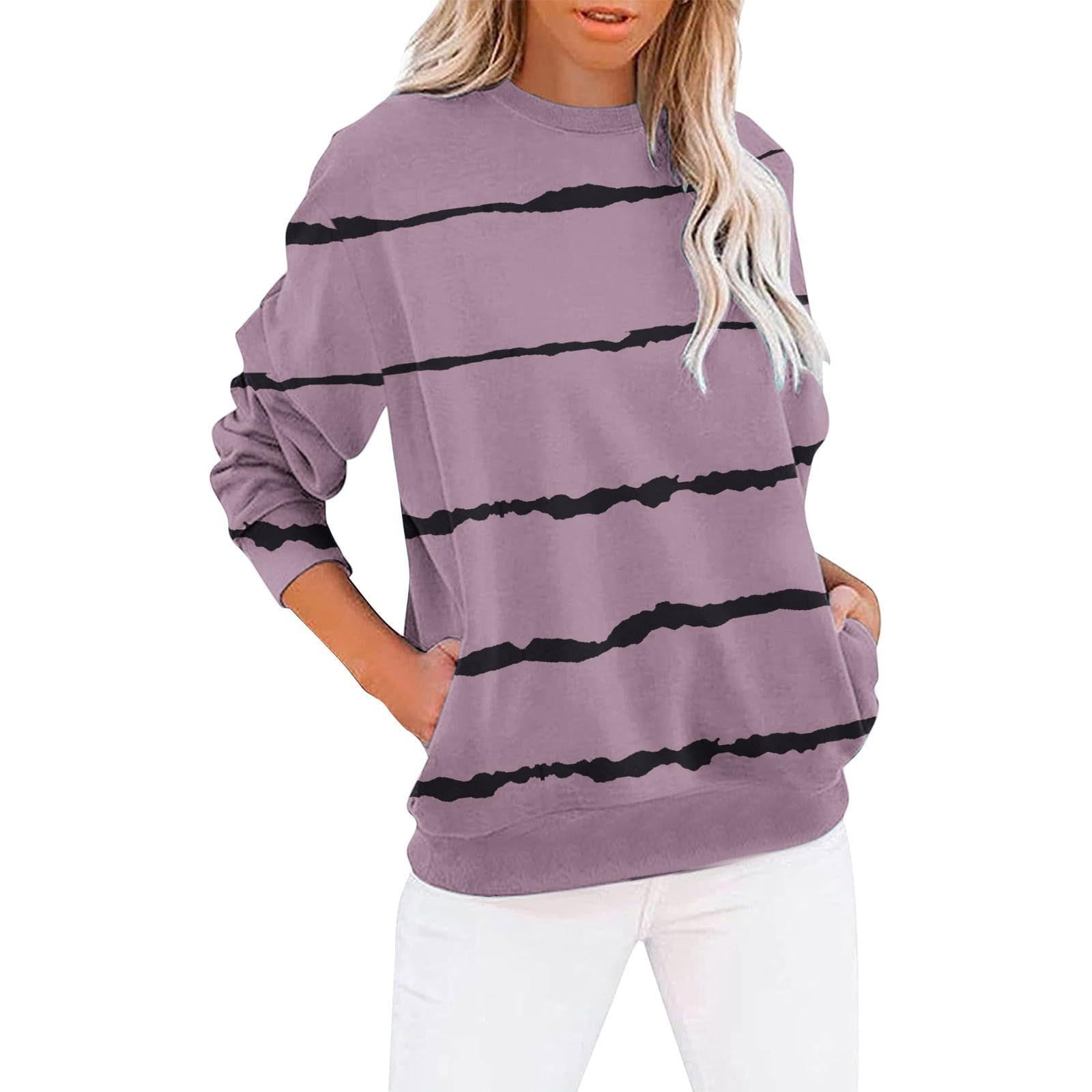 DAZY Striped Loose Long Sleeve Crew Neck Sweater For Women,Long Sleeve Tops,Fall