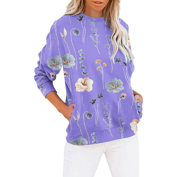Women's Striped Sweatshirt with Pocket Long Sleeve Crew Neck Pullover Top Fashion Printed Loose Casual Blouses (X-Large, Purple 04)