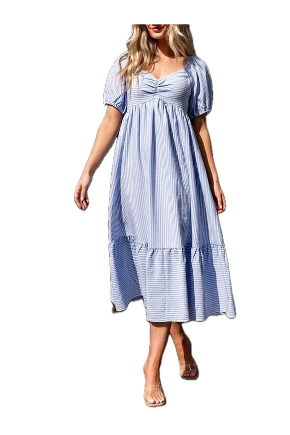 Women's Striped Sweetheart Neck Puff Sleeve Midi Dress Ruched Pocketed 95% Polyester 5% Spandex No Stretch Not Lined