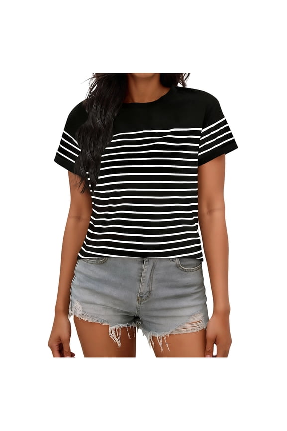 Women's Striped T-Shirt Casual Short Sleeve Crewneck Tee Horizontal Stripe Top for Layering or Summer Black S
