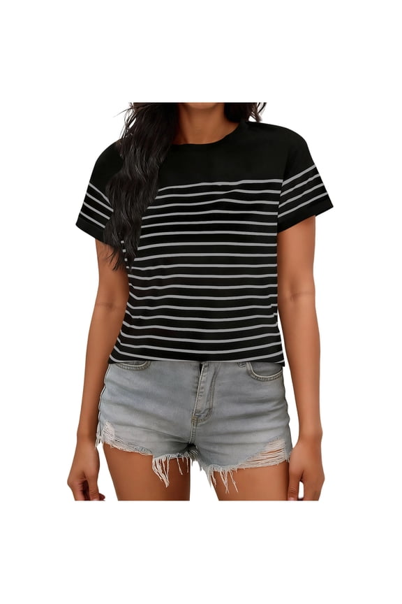 Women's Striped T-Shirt Casual Short Sleeve Crewneck Tee Horizontal Stripe Top for Layering or Summer Gray L