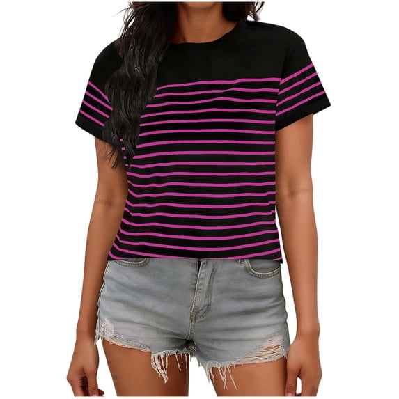 Women's Striped T-Shirt Casual Short Sleeve Crewneck Tee Horizontal Stripe Top for Layering or Summer Hot Pink L