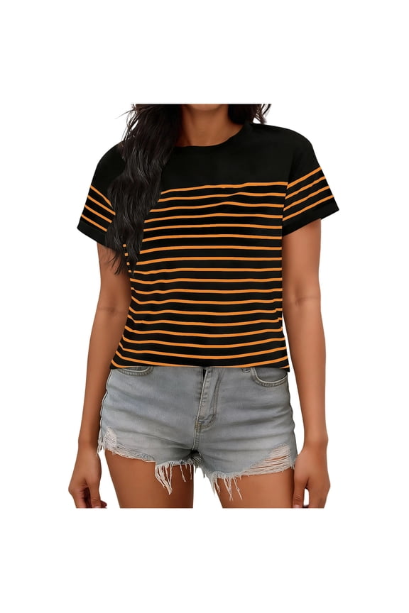 Women's Striped T-Shirt Casual Short Sleeve Crewneck Tee Horizontal Stripe Top for Layering or Summer Orange XL